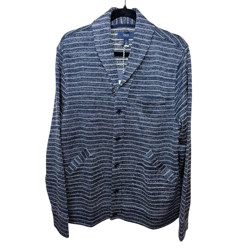 1901 Nordstrom Mens Navy Iris White Stripe Shawl Collar Cardigan Sweater Large